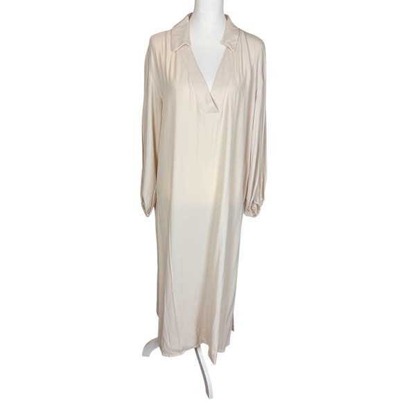 Mango MNG Womens Midi Kaftan Shirt Dress Beige V-Neck Long Sleeve Size 6 - Picture 2 of 9